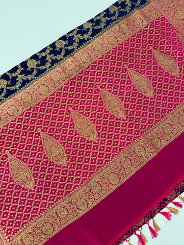 Handwoven Chiffon Saree | Royal Blue & Magenta | Gold Zari | Ships from California